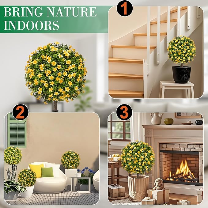25" Artificial Boxwood Topiary Ball Fall Autumn Tree with Yellow Flowers，Fake Mums Plants with Ground Spike，Set of 2 UV Resistant Faux Bushes, Faux Shrubs for Garden, Patio, Porch, Yard, Indoor