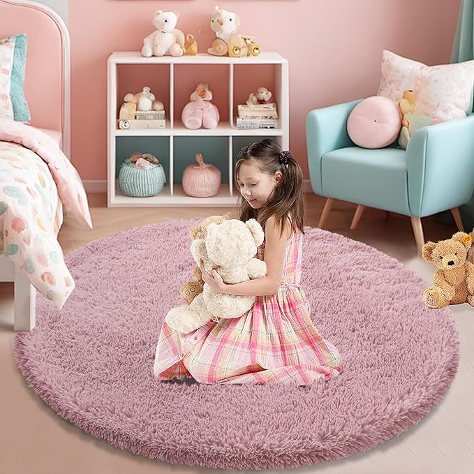 Fluffy Round Area Rugs for Bedroom,Blush 3'X3'Shag Circle Area Rugs for Living Room,Non Slip Fuzzy Plush Rug for Kids Room Boys Girls Room and Dorm