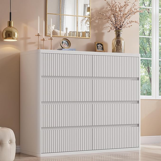 White 8 Drawer Dresser, Modern Fluted Dressers & Chest of Drawers for Bedroom, 48" Wide Dresser TV Stand with Deep Drawer, Curved Profile, Wood Organizer for Bedroom, Living Room, Hallway