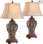 Barnes and Ivy Traditional Table Lamps 32.5" Tall Set of 2 Bronze Brown Carved Leaf Openwork Vase Tan Rectangular Shade Decor for Living Room Bedroom House Bedside Nightstand Home Office
