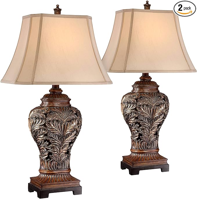 Barnes and Ivy Traditional Table Lamps 32.5" Tall Set of 2 Bronze Brown Carved Leaf Openwork Vase Tan Rectangular Shade Decor for Living Room Bedroom House Bedside Nightstand Home Office