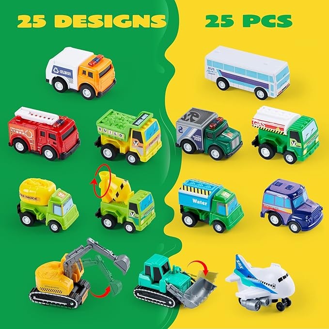 JOYIN 25 Pieces Pull Back Cars and Trucks Toy Vehicles Set for Toddlers, Girls and Boys Kids Play Set, Die-Cast Car, Party Favors, School Gifts, Goodie Bags Stuffers for Kids, Christmas Birthday Gifts