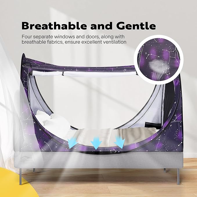 VIVOHOME Pop-Up Bed Tent Twin Size, Privacy Bed Canopy with 4 Doors and Mosquito Mesh, Breathable Sleeping Tent with Dark Starry Constellation Pattern for Kids and Adults