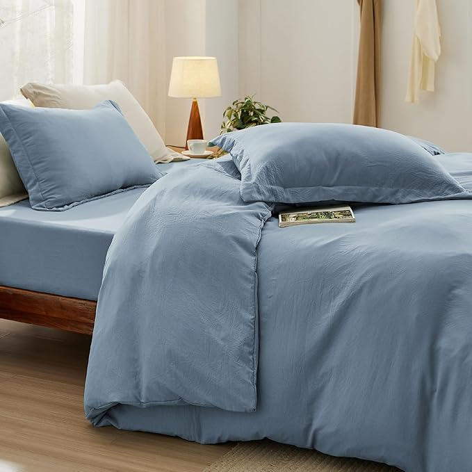 Bedsure Duvet Cover Queen Size with Fitted Sheet - 4 Pieces Prewashed Cotton-Like Extra Soft Bedding Set, Includes 1 Duvet Cover 90x90 Inches, 2 Pillow Shams, 1 Fitted Sheet, Mineral Blue
