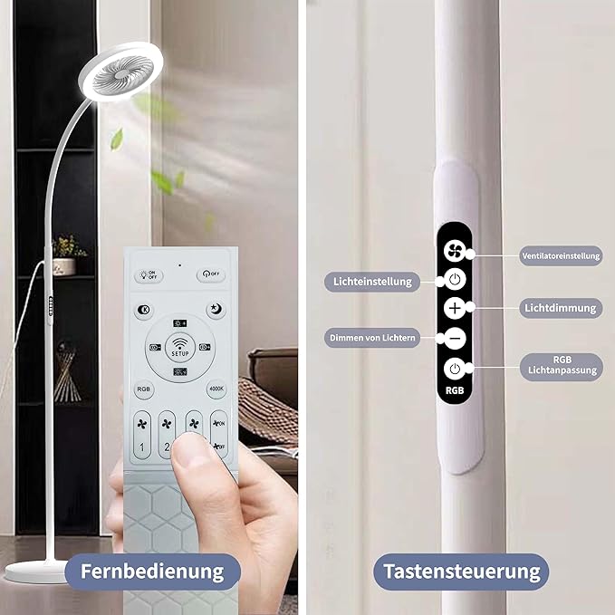 Pedestal Fan for Bedroom, Floor Lamp with Fan RGB 18w/1500lm, 3-Speed Stand Fan Stepless Adjustable 3000K-6000K Color and Dimmer, Remote and Button Control, Adjustable Gooseneck Gloor Lamp