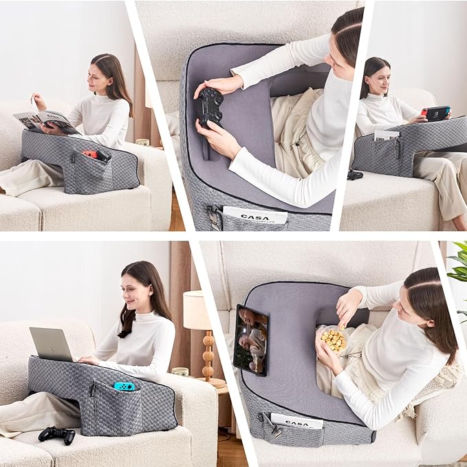 Reading Gaming Pillow for Lap Desk - Soft Arm Rest Pillow for Adult, Memory Foam Stand Pillow with Pocket for iPad, Laptop, Crochet, Sitting in Bed Couch Floor Sofa, Gamer Gift for Men Women