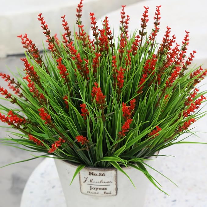 alyptus Artificial Flowers Outdoor 12 Bundles Fake Plants Outside Red Flower Grass Faux Greenery Spring Summer Wildflower Decoration for Outdoors Yard Front Porch Planter Decor (Red Flowers)