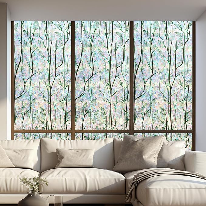 LEMON CLOUD Privacy Window Film 3D Stained Glass Window with Installation Tools,No Glue Static Cling Window Sticker,Decorative for Glass Door,Bathroom,Office and Home (Leaf Rainbow,35.4 x 157.4 Inch)