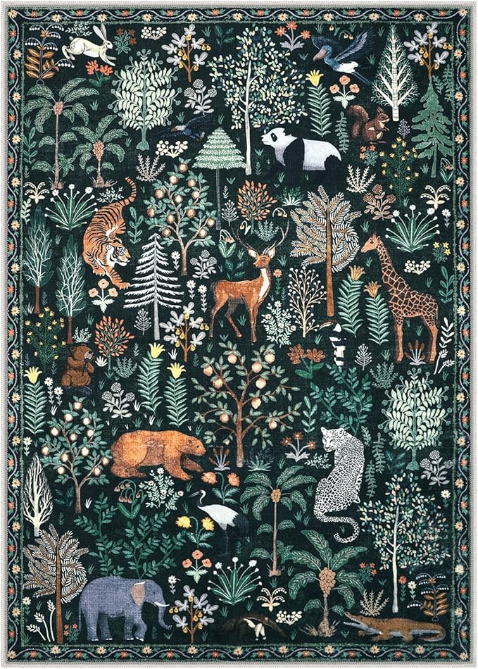 OJIA Jungle Print 5x7 Area Rugs for Living Room, Green Soft Washable Rugs for Bedroom Ultra-Thin Non-Slip Modern Rug, Stain Resistant Nursery Rug Carpet for Kids Playroom Nursery Dining Room
