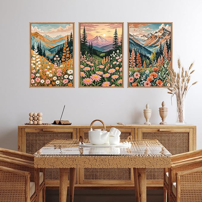 HPINUB Mountain Sunset Floral Framed Canvas Wall Art Set,Colorful Wildflower Daisy Flower Wall Decor,Boho Blossom Botanical Artwork Modern Nature Landscape Art Print for Living Room,Bedroom-24 x36 x3