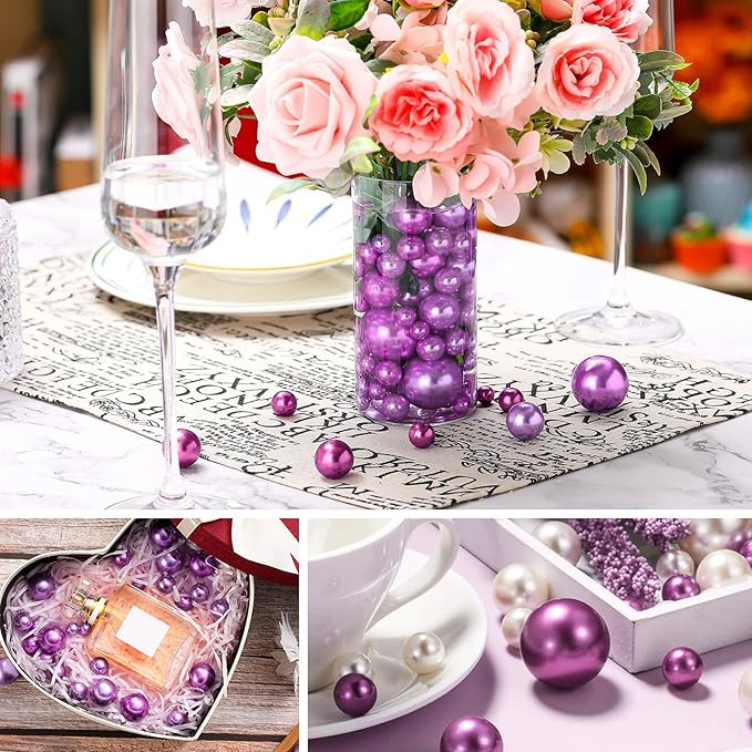 Dark Purple Vase Filler | 150PCS Pearls Bead for Centerpieces Vases | 8/14/20 mm No Hole Beads, Fake Pearls for Wedding Birthday Theme Party Table Centerpieces Decor