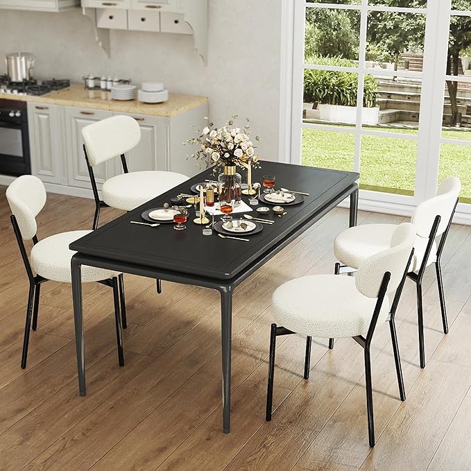 Dining Chairs Set of 4 pcs, Boucle Comfortable Upholstered Seat Fabric with Curved Backrest, Mid Century Modern Contemporary Scandinavian Designer Chairs Ideal for Dining Room, Kitchen, White