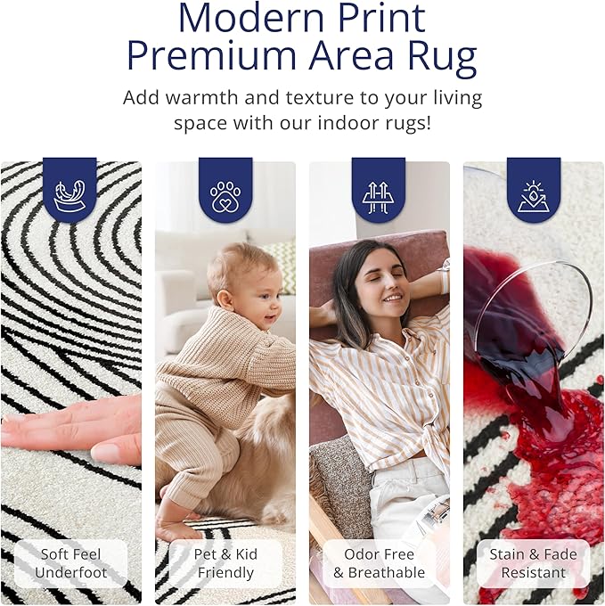 Abani Nuevo Beige Black Swirls Modern Area Rug 4' x 6' for Living Room, Bedroom - Abstract Design - Durable & Easy to Clean