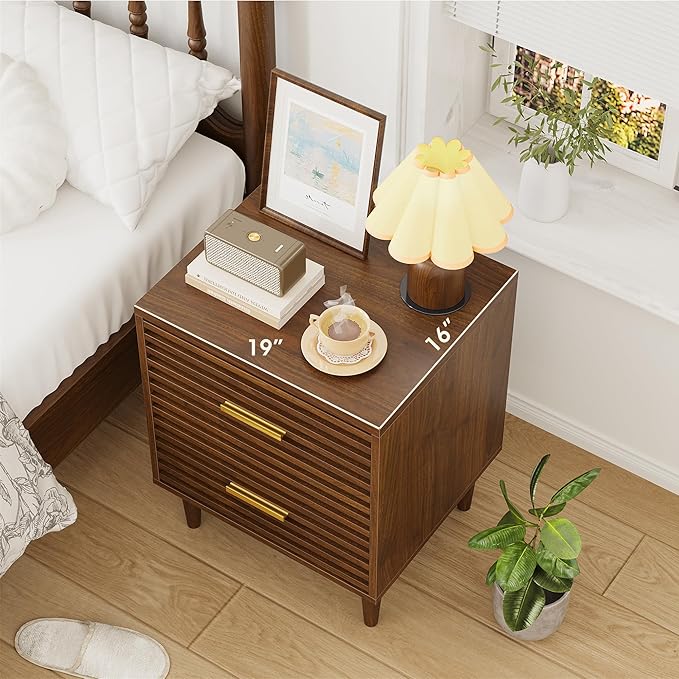 Alohappy Nightstands Set of 2, Mid Century Modern Night Stands, Fluted Bedside Table for Bedroom, Side End Table with Storage Drawers, Vintage Wood Accent Table for Living Room, Brown 2pcs