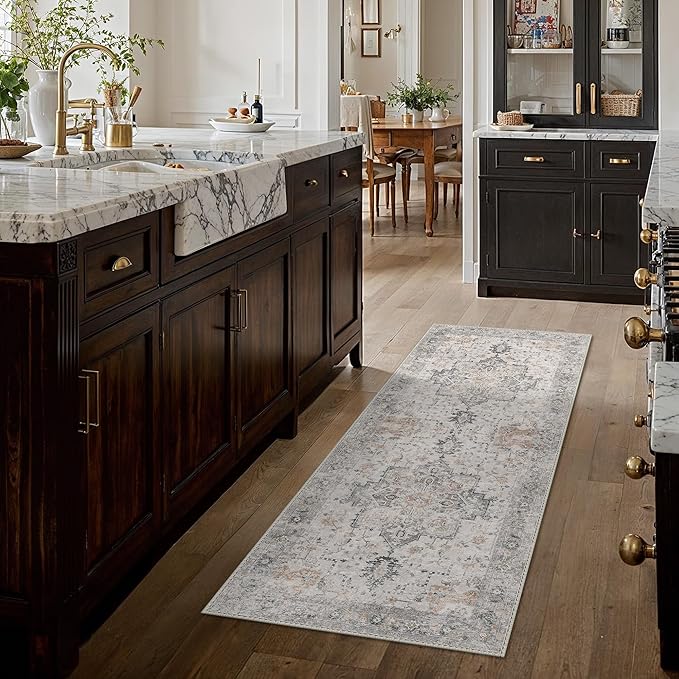 GENIMO Runner Rug 2x6 Non Slip Machine Washable Vintage Hallway Runner Rug, Low PileLightweight Rugs for Entryway, Hallway, Kitchen and Corridor, Light Taupe Brown