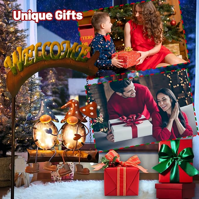 HONGLAND Gnome Garden Decor with Solar Lights, Funny Gnomes Swing Outdoor Decor, Gardening Gifts for Women Mom, Gnomes Yard Decorations with Welcome Sign for Lawn Porch Backyard Patio