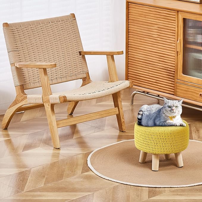 Wimarsbon Small Ottomans, 100% Hand Knitted Pouf, Round Footrest with 4 Non-Skid Wood Legs, Boho Décor Cotton Rope Pouffe Beside Sofa, Leisure Floor Step Chair for Living Room (Yellow)