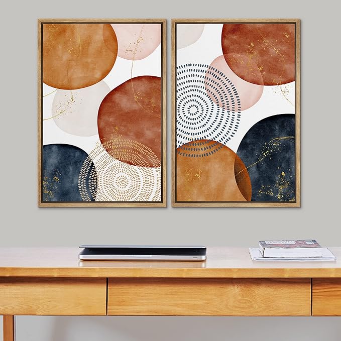 SIGNFORD Framed Wall Art Print Set Vintage Mid-Century Spiral Watercolor Dot Abstract Shapes Illustrations Modern Minimalist Multicolor for Living Room, Bedroom, Office - 16"x24"x2 Natural
