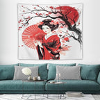Japanese Red Geisha Tapestry Asian Cherry Blossom Traditional Kimono Folk Tapestries Home Decor for Living Room Bedroom Apartment Farmhouse Dorm 60"x50"