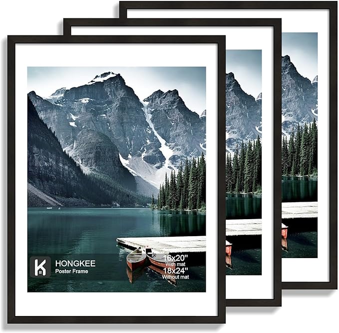 18x24 Frame Set of 3 - Display 16x20 Photo with Mat or 18 x 24 Poster without Mat, Wall Mounting Horizontal and Vertical, Black