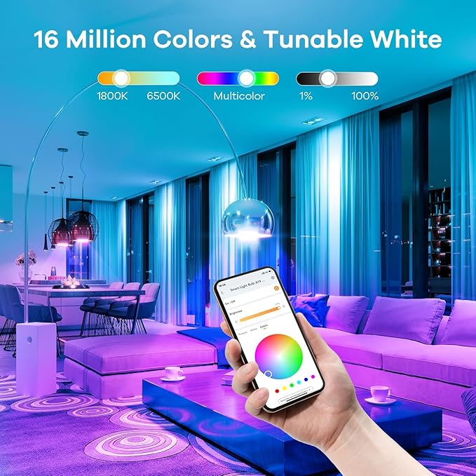 Linkind WiFi Smart Light Bulbs, Alexa Light Bulb Work with Alexa, Google Home, RGBTW 16 Million Color Changing Light Bulbs Dimmable, Mood Lighting, 2.4GHz Only, A19 E26 WiFi Bulb 60W 800LM 8 Pack