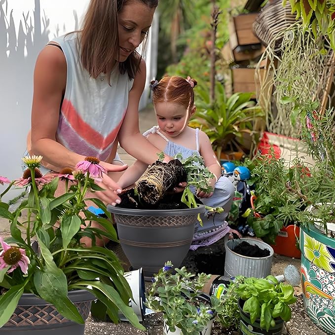 4 Pack 12 Inch Large Plant Pots, Plastic Flower Pot for Indoor & Outdoor with Drainage Holes & Saucer, Plaid Pattern Planters Garden Pots for Herbs Bronze