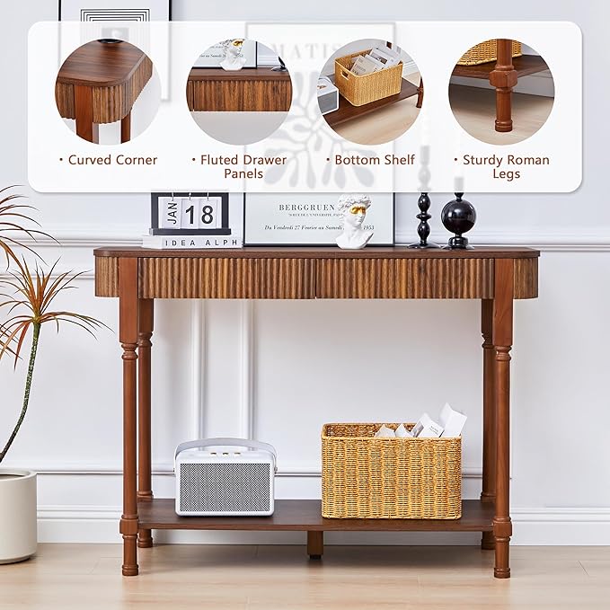 43.3” Console Table with 2 Drawers, Modern Entryway Table with Fluted Panel & Storage Shelf, Narrow Wood Behind Couch Sofa Table for Living Room, Foyer, Hallway(Walnut)