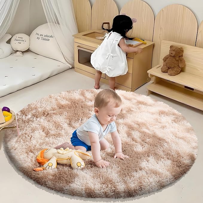 Tie-Dyed Beige Fluffy Round Rug,Soft Area Rugs for Girls Room,Shaggy Rugs 3'X3' for Living Room,Non Slip Circle Rug for Kids Bedroom,Shag Plush Nursery Carpets,Fuzzy Rug for Dorm,Room Decor Carpet