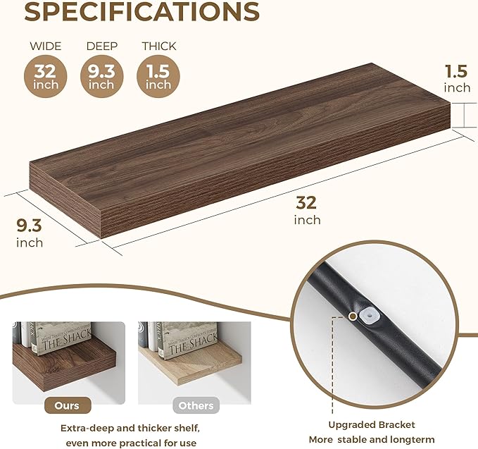 32 Inches Floating Shelves for Wall, 9.3" Deep Long Floating Shelves Set of 2, Large Display & Storage Shelf, Wall Shelf for Bathroom Bedroom Living Room Kitchen Office, Walnut