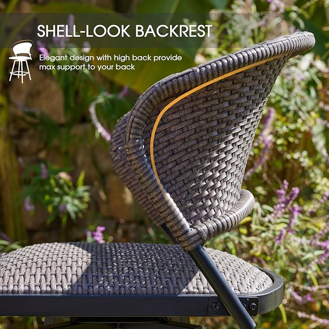VICLLAX Patio Bar Stool Chairs with Footrests and Padded Seat, Bar Height Swivel Patio Chairs Set of 6, Brown Woven Wicker Swivel Bar Stools for Lawn Garden