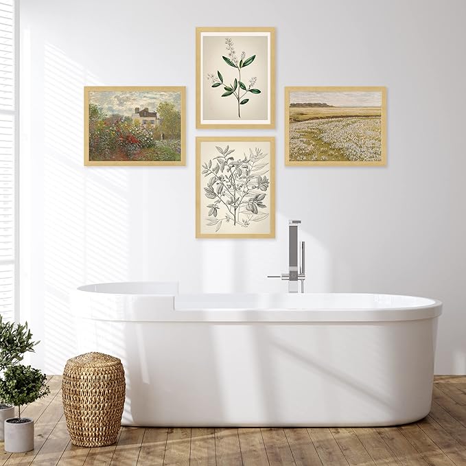 SIGNWIN Framed Poster Bathroom Decor 8"x10"x 4 Natural, Wall Art Room Decor Multicolor for Living Room, Bedroom, Office Autumn Spring Rustic Flower Landscape Classic Vintage Retro Illustrations