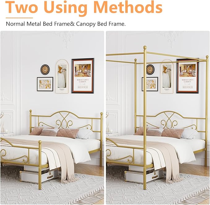 Weehom Canopy Bed Frame Queen Size with Headboard and Footboard, Four-Poster Canopy Bed Metal Platform Mattress Foundation Underbed Storage No Box Spring Needed Easy Assembly, Gold