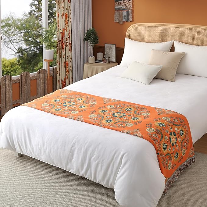 Boho Throw Blanket Full Size, Extra Large Soft Cozy Cotton Muslin Quilt Blanket for Bed Decor, Floral Patterned Couch Sofa Chair Cover, Vintage Farmhouse Cottage Woven Blanket, Orange&Green