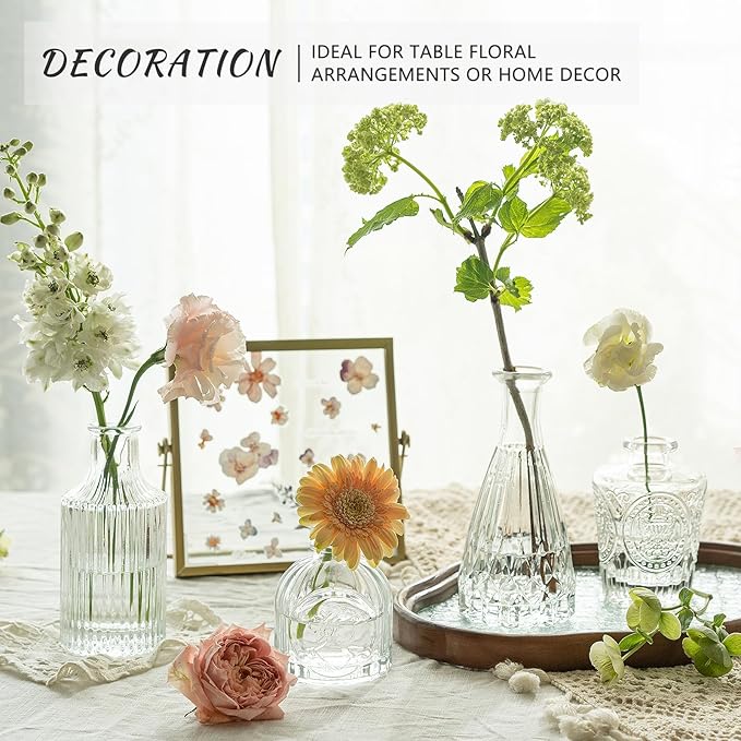 Glass Bud Vase Set of 5, Clear Small Flower Vases for Centerpieces in Bulk, Mini Vintage Vase for Rustic Wedding, Home,Table