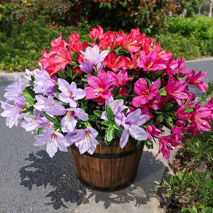 Artificial Flowers for Outdoors, 3 Bundles Fake Silk Azalea Bouquet Faux Flower Plants Outside Decor UV Resistant Realistic Colorful Fake Flowers for Planter Front Door Patio Garden Walkways Home, Mix
