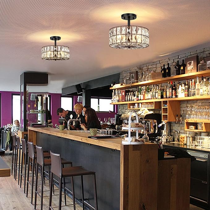 Modern Crystal Pendant Light Fixture Farmhouse Round Semi Flush Mount Ceiling Lights, Drum Shade 3LT Ceiling Lamp for Kitchen Island Dinning Room Bedroom, Hallway Black Finish