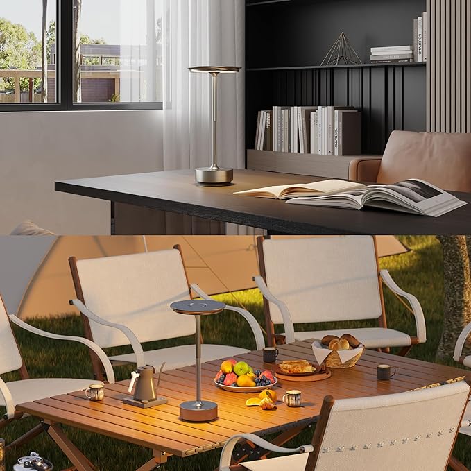 2 Pack Cordless Table Lamp, LED Rechargeable Table Light with 3 Temp Settings, Stepless Dimming, 5000mAh Battery, USB-C, Memory, Aluminum Alloy, for Home, Patio, Restaurant, Outdoor. Silver