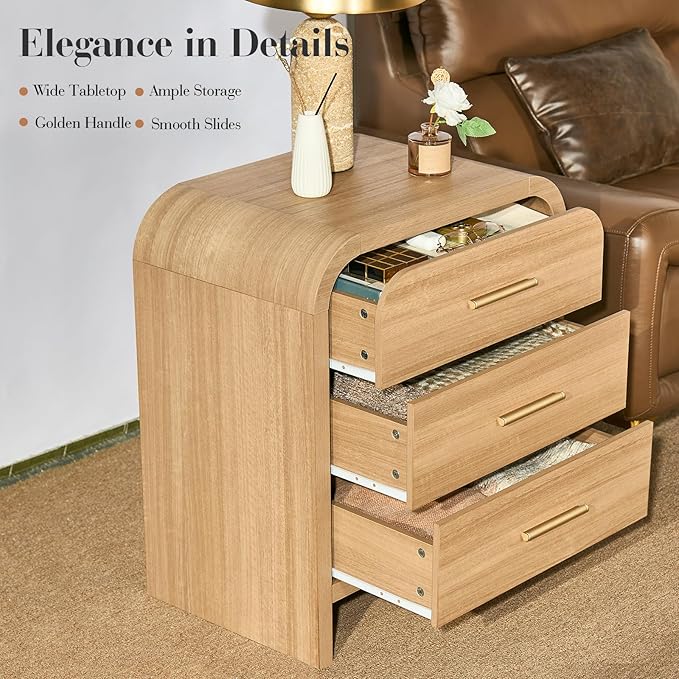 Farmhouse Nightstand Set of 2, 23.5" Curved Modern Night Stand with 3-Drawer, Bed Side Table Furniture, End Table for Bedroom, Storage Cabinet for Living Room Home Office Entryway, Oak