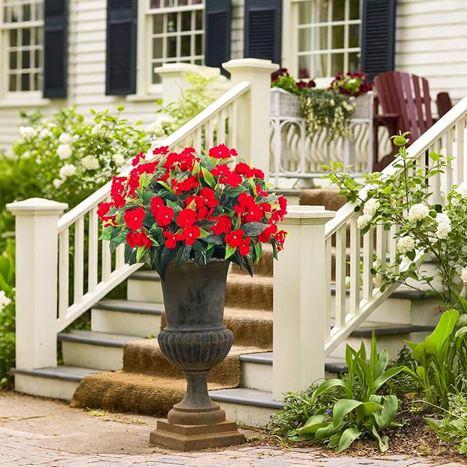 Artificial Impatiens Bouquet Flowers for Outdoors Silk Faux Flowers for Outdoor Impatiens Plants Decor Indoor Planters Kitchen Planters and Balcony Decorations 4PCS (Red)