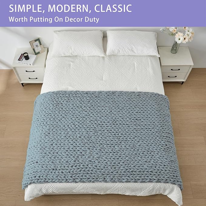 Bigacogo Chunky Knit Throw Blanket for Couch, 40x80 inches, 100% Hand Knitted with Thick Jumbo Chenille Yarn, Cozy Soft Large Rope Knot Cable Crochet Blankets for Sofa Bed Living Room, Dusty Blue