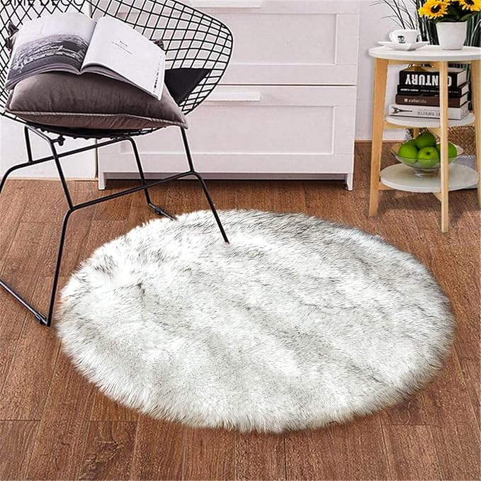 Goolela Round Fluffy Rug Circle Faux Sheepskin Fur Rug 3ft for Bedroom Living Room Fuzzy Furry Small Decor Washable White with Grey Tips