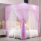 VETHIN 4 Corners Post Ruffle Princess Bed Canopy Curtain-Double Layer Cozy Drape Netting 4 Opening Mosquito Net for Girls Adults Bedroom Decoration (Double-Purple, 53" W*78" L*82"*H/(Full))