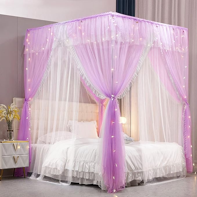 VETHIN 4 Corners Post Ruffle Princess Bed Canopy Curtain-Double Layer Cozy Drape Netting 4 Opening Mosquito Net for Girls Adults Bedroom Decoration (Double-Purple, 53" W*78" L*82"*H/(Full))