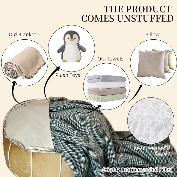 Unstuffed Pouf Cover Ottoman Footrest Animal Foot Stool Floor Bean Bag Floor Chair Storage for Living Room Bedroom Home Decor (Brown, 20 x 20 x 8 Inches Round)