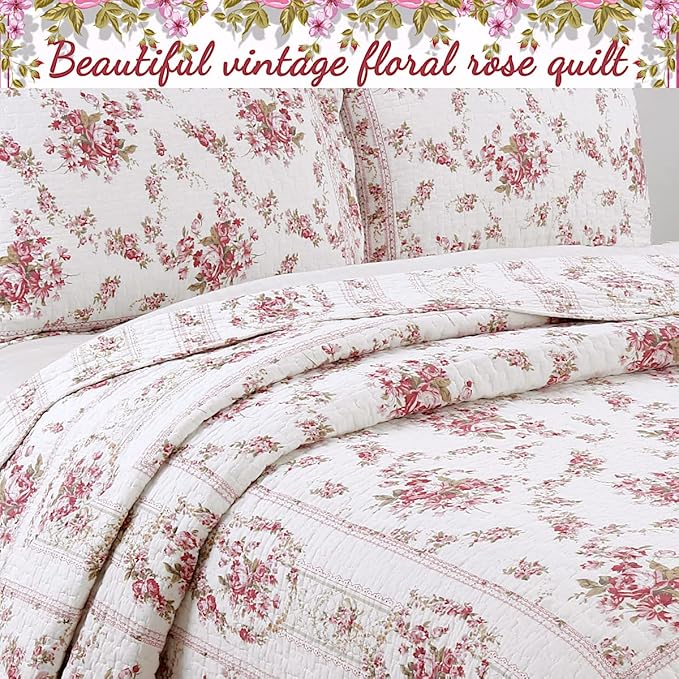 Cozy Line Home Fashions 100% Cotton Quilt Bedding Set, Pink Floral Reversible Coverlet Bedspread (Vintage Rose, King - 3 Piece)