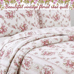 Cozy Line Home Fashions 100% Cotton Quilt Bedding Set, Pink Floral Reversible Coverlet Bedspread (Vintage Rose, Queen - 3 Piece)