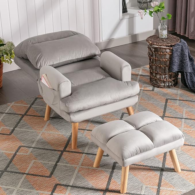 CANMOV Modern Accent Chair with Ottoman, Soft Fabric Armchair with Adjustable Backrest and Side Pockets, Comfy Lounge Chair for Living Room, Bedroom, Apartment, Office, Grey