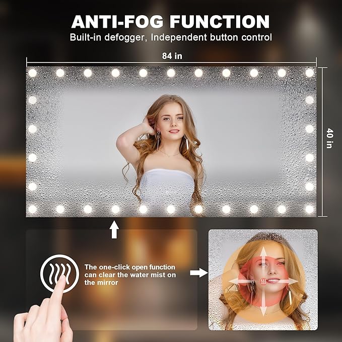 Hasipu LED Bathroom Mirror with Lights, 71" x 36" Hollywood Wall-Mounted Bathroom Mirror with 30 Dimmable Bulbs, 3 Colors Modes, Touch Control, Anti-Fog, Memory Function, Shatter-Proof, ETL Listed