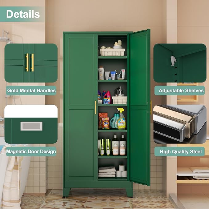 Metal Pantry Cabinet with 2 Doors and 5 Adjustable Shelves, 75" Kitchen Storage Cabinet with Gold Handles, Versatile Storage for Laundry, Living, Bathroom, Dining, Utility Room - Green