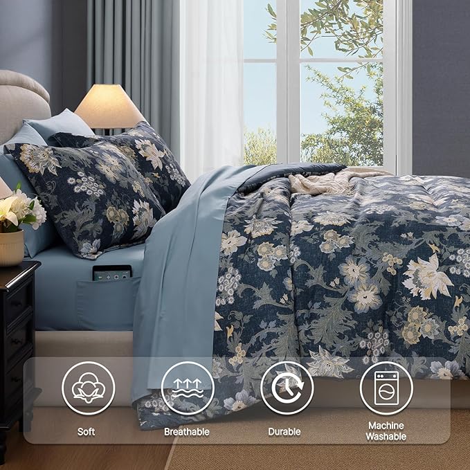Queen Comforter Set -7 Pieces Floral Navy Blue Comforter Set for All Seasons, Bed in a Bag Queen with Botanical Flowers Comforter, Sheets, Pillowcases & Shams